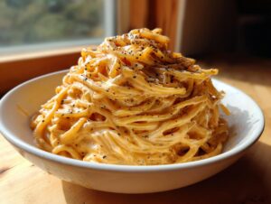 A tall serving of creamy Carbonara buldak ramen noodles heavily topped with black pepper in a white bowl.