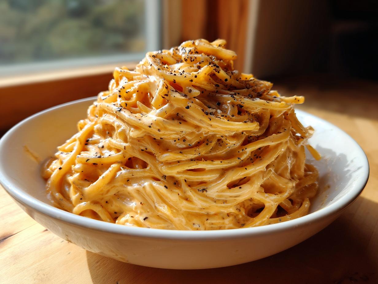 A tall serving of creamy Carbonara buldak ramen noodles heavily topped with black pepper in a white bowl.