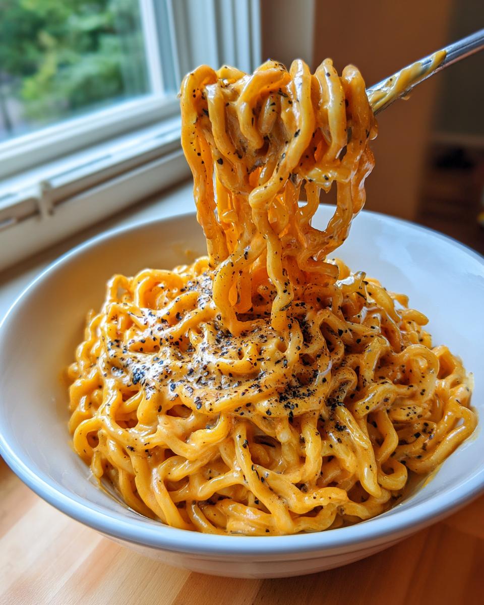 Close-up of creamy Carbonara buldak ramen noodles being lifted from a white bowl with a fork, topped with black pepper.