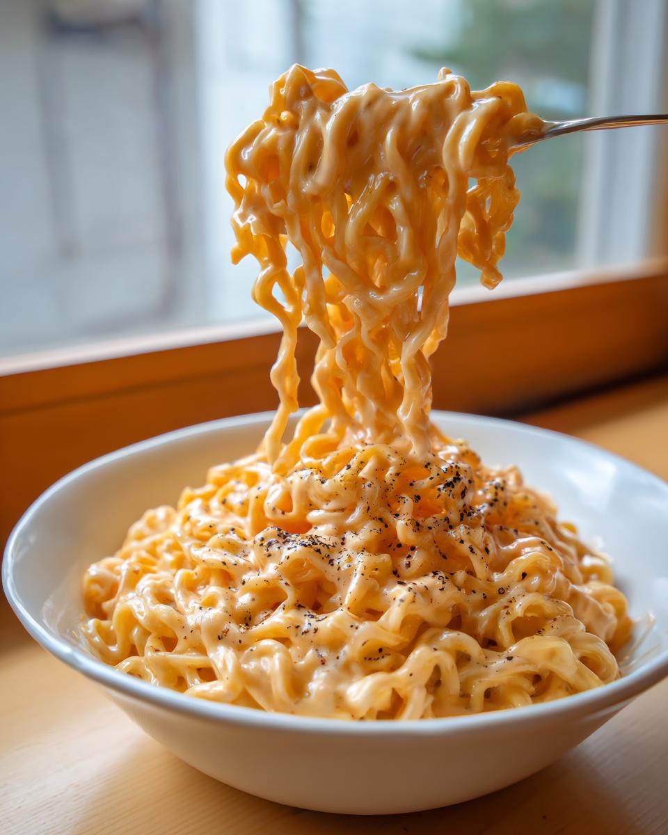 A fork lifts a large portion of creamy Carbonara buldak ramen noodles, coated in a rich sauce and topped with black pepper.