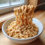 A fork lifting creamy, cheesy Carbonara buldak ramen noodles topped generously with black pepper from a white bowl.