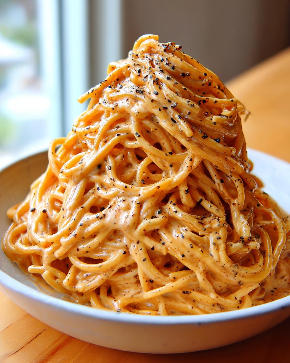 A tall mound of creamy, orange-hued Carbonara buldak ramen noodles heavily seasoned with black pepper.