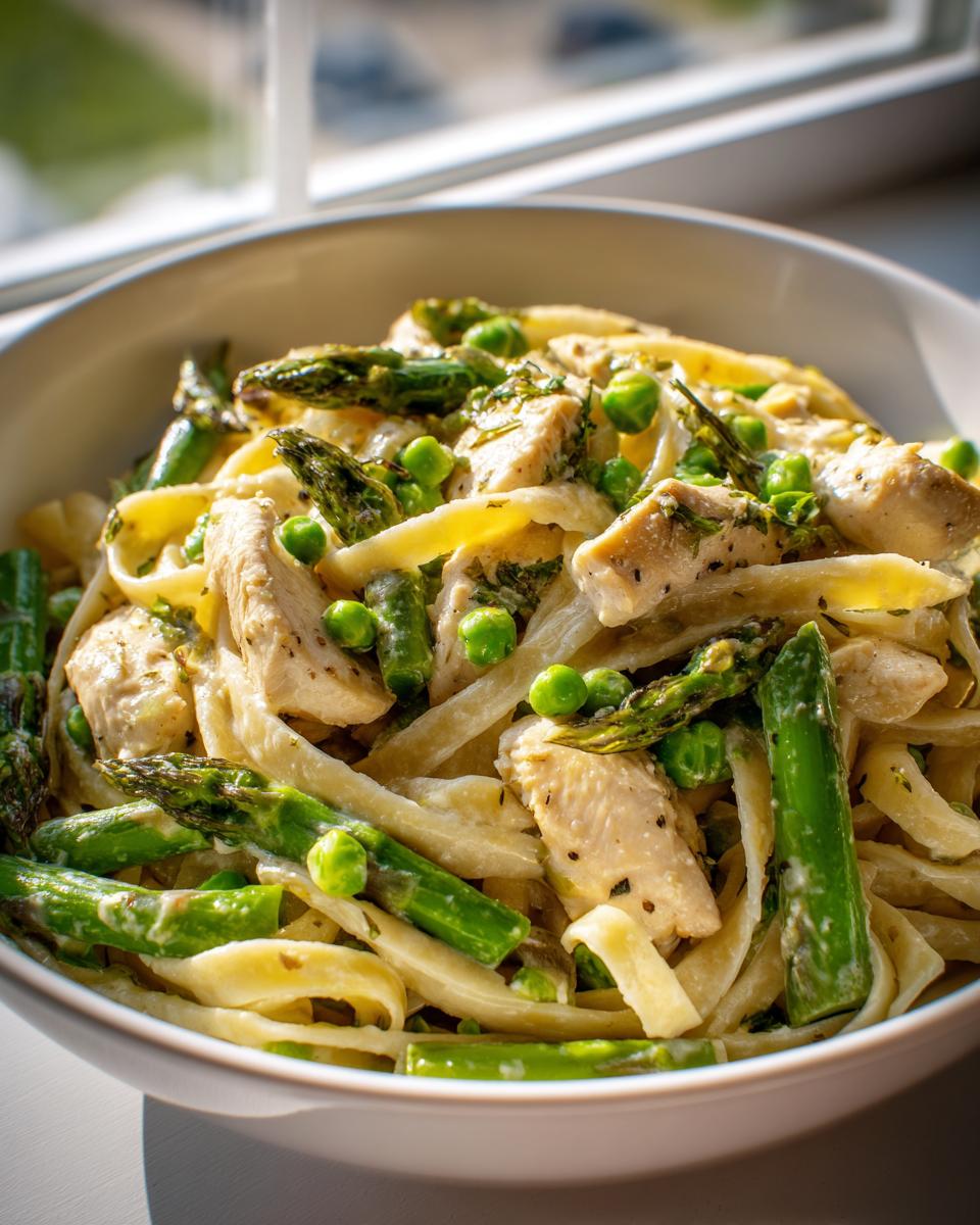 A close-up of a bowl of creamy Chicken primavera pasta featuring chunks of chicken, bright green asparagus spears, and peas.
