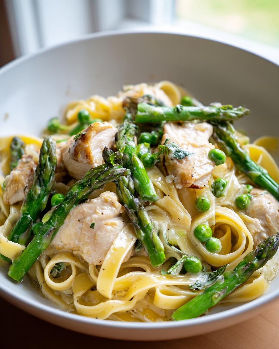 Close-up of creamy Chicken primavera pasta featuring fettuccine, sliced chicken, bright green asparagus spears, and peas.