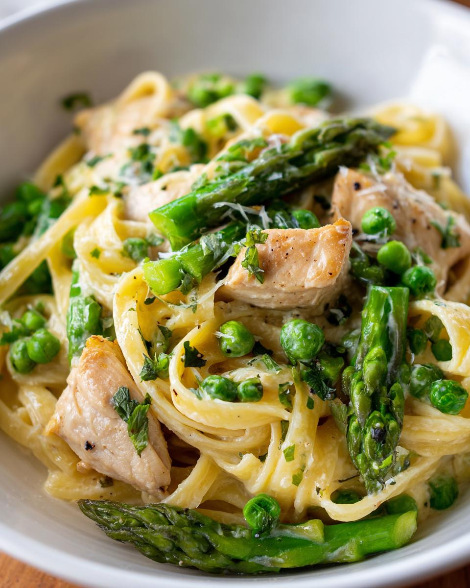 Close-up of a bowl of Chicken primavera featuring fettuccine pasta, chunks of chicken, bright green asparagus, and peas in a creamy sauce.