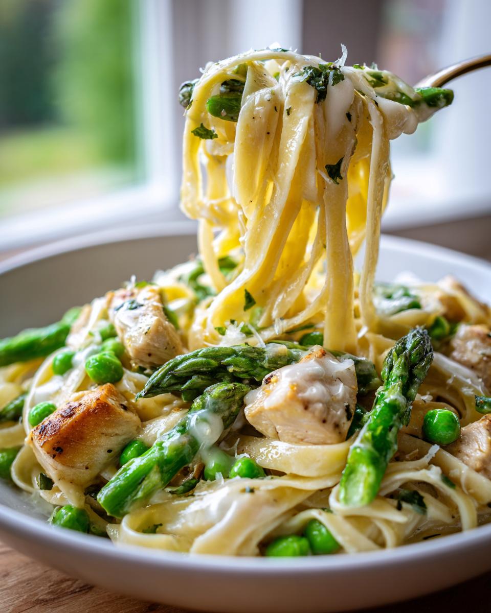 A fork lifts creamy fettuccine noodles coated in sauce, chicken, asparagus, and peas from a bowl of Chicken primavera.