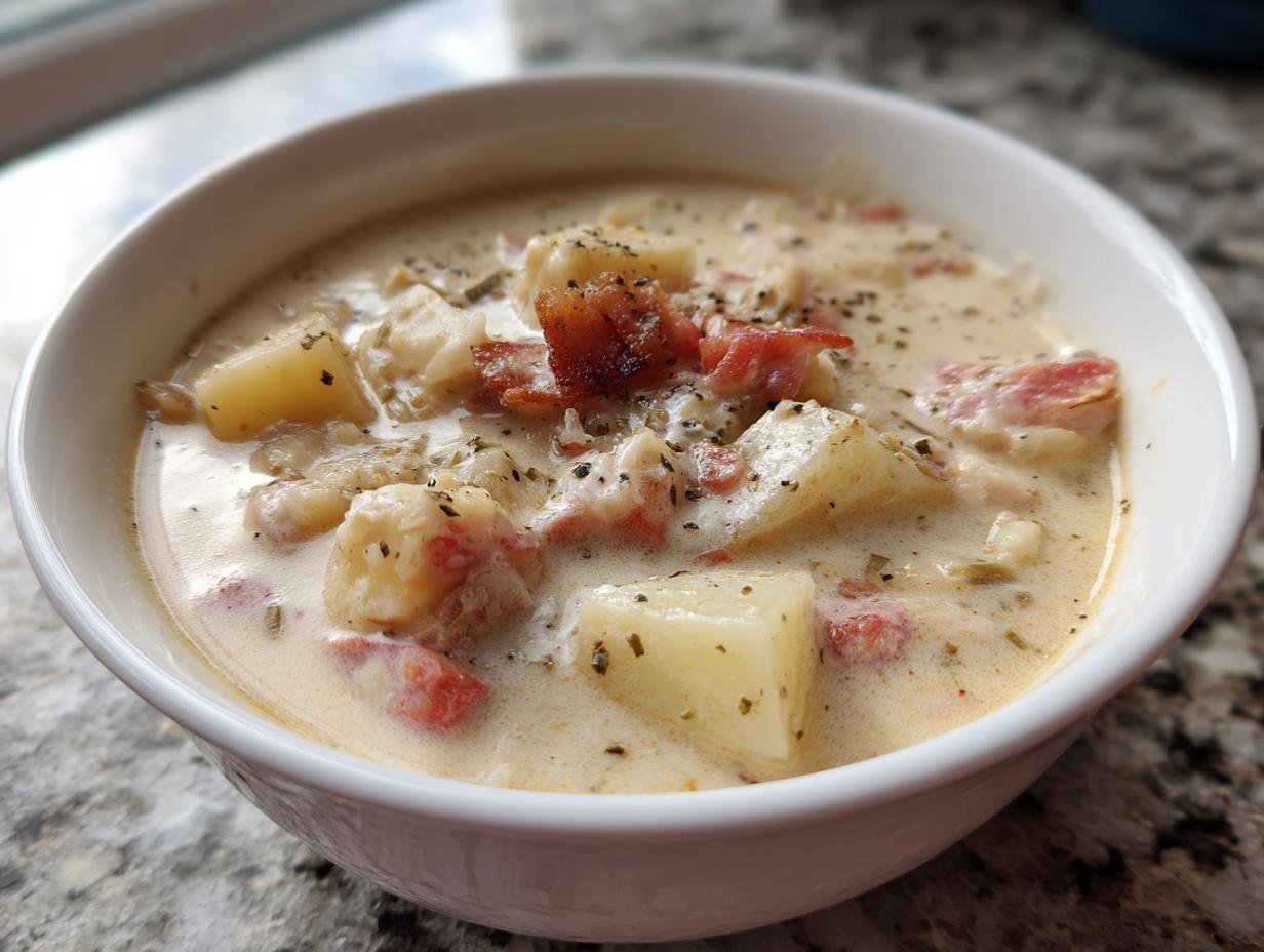Close-up of a hearty bowl of creamy clam chowder featuring chunks of potato and bacon.