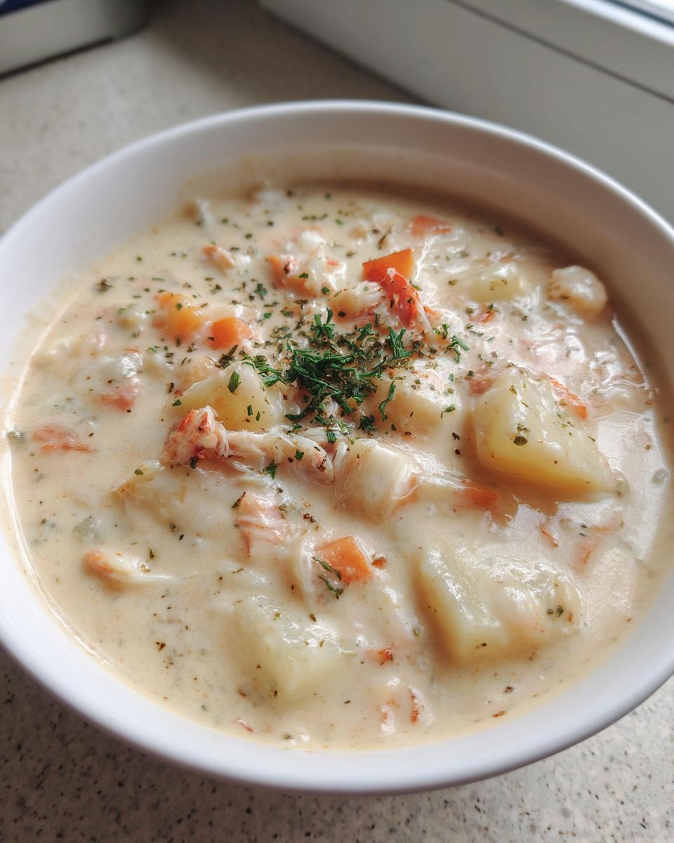Close-up of a creamy bowl of clam chowder, featuring chunks of potato and carrot, garnished with parsley.