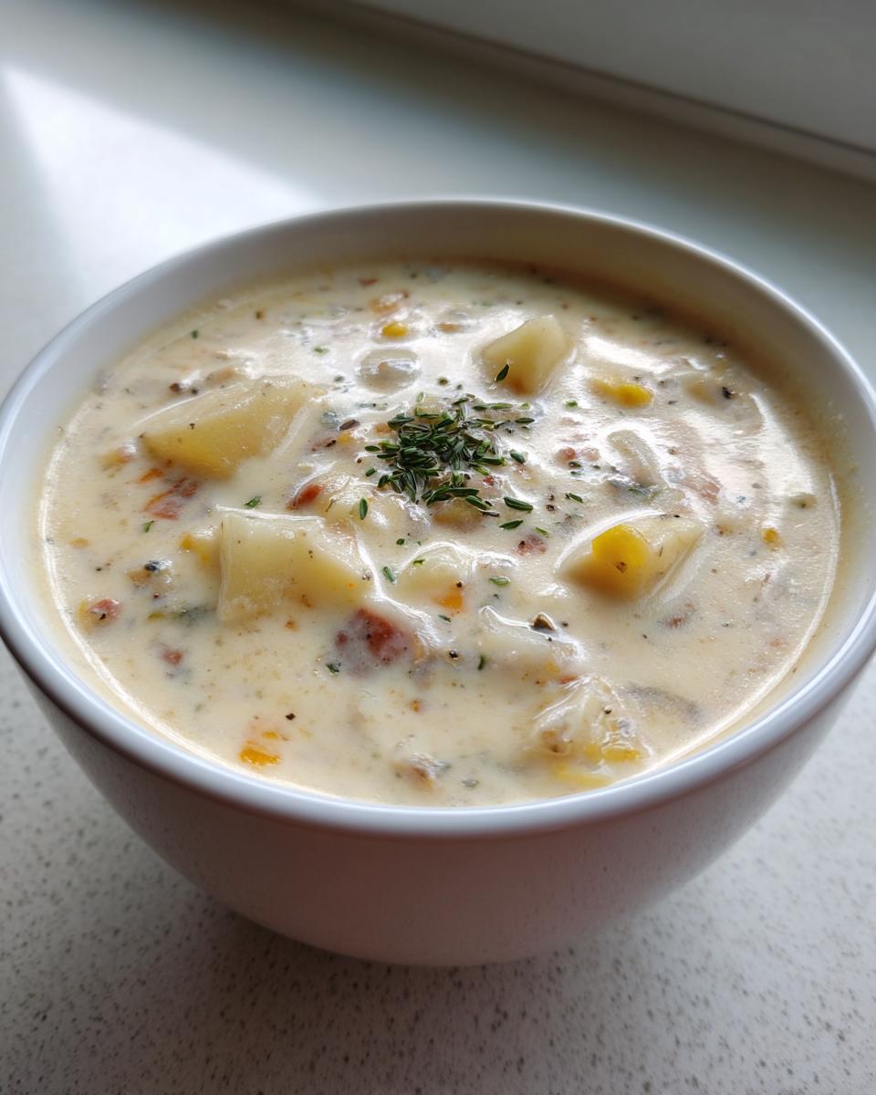 Close-up of a white bowl filled with creamy clam chowder, featuring chunks of potato and garnished with fresh herbs.