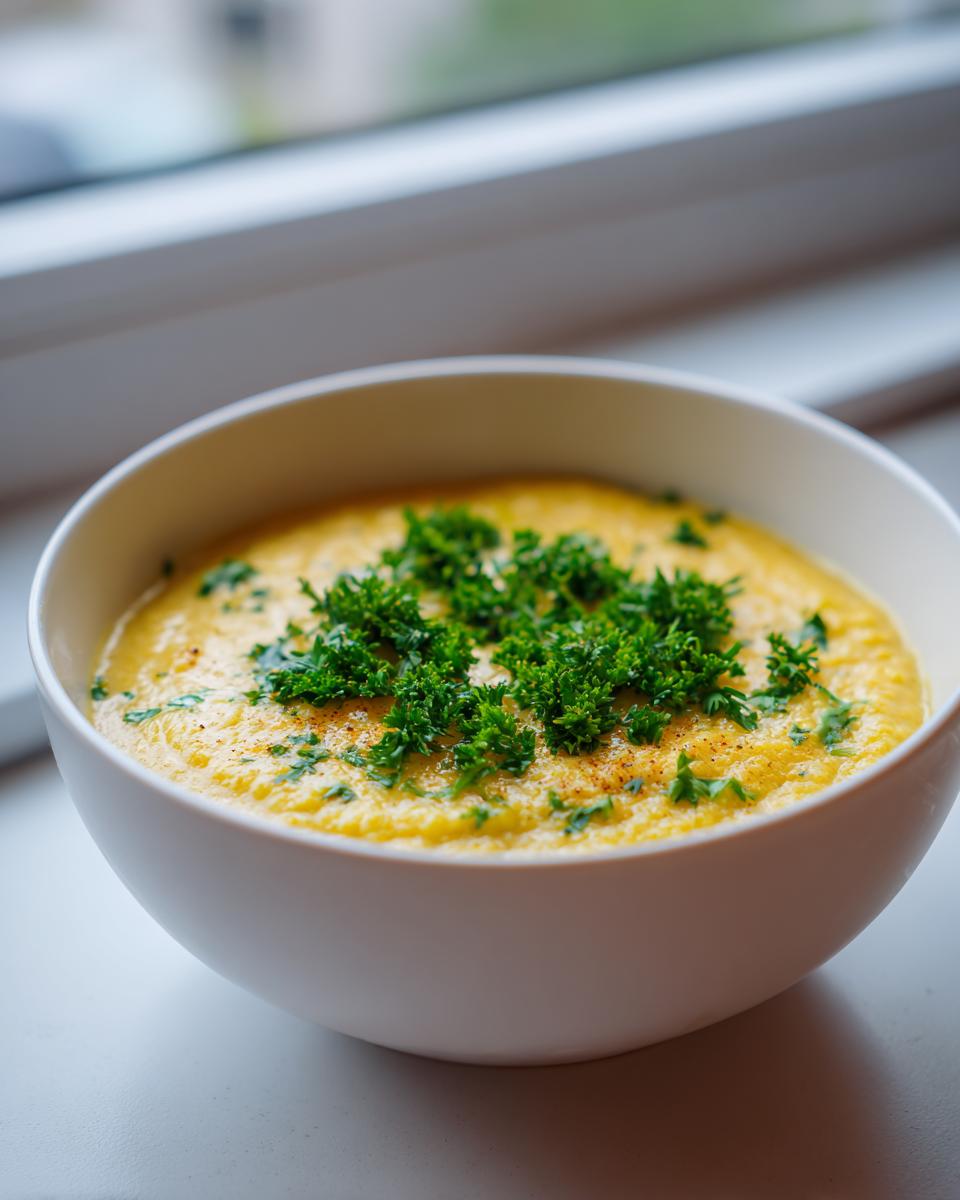 A close-up of creamy, yellow Lemon chickpea soup in a white bowl, garnished generously with fresh chopped parsley.