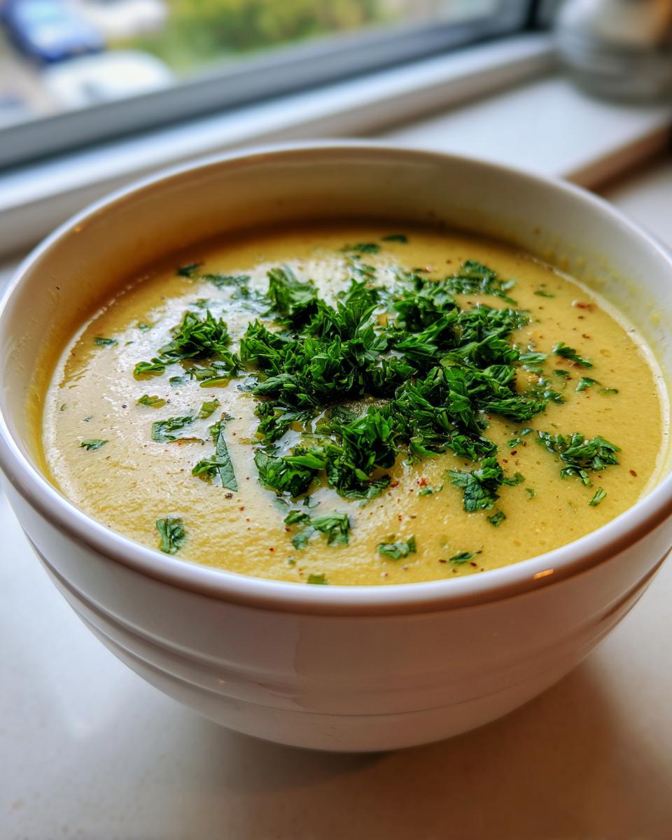 A close-up of creamy Lemon chickpea soup in a white bowl, garnished generously with chopped fresh parsley.