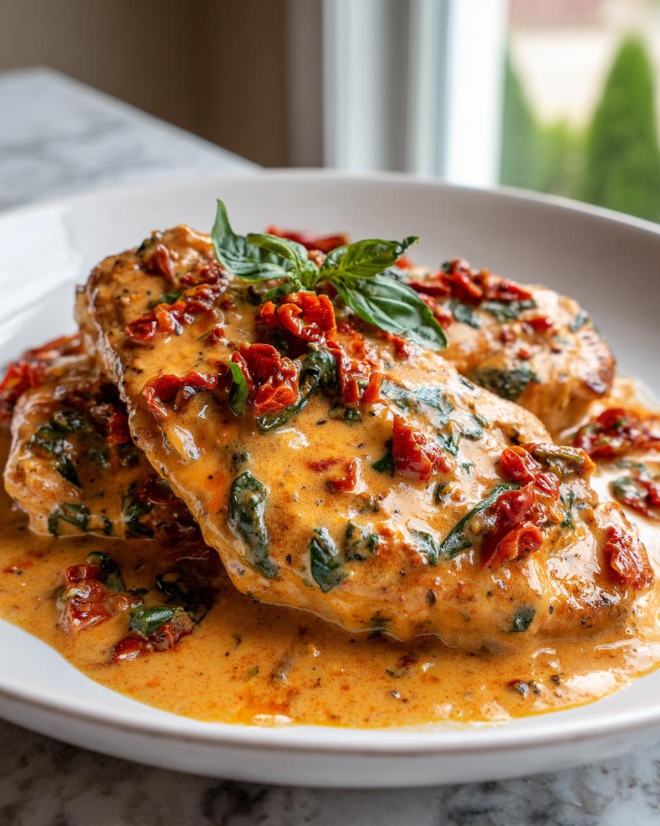 Close-up of Marry me chicken breasts smothered in a creamy, orange-hued sauce with sun-dried tomatoes and spinach, garnished with fresh basil.