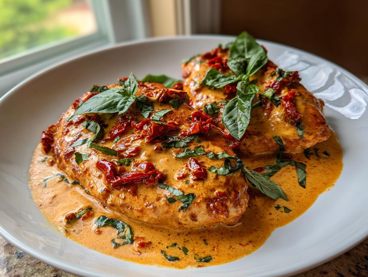 Two pieces of seared chicken breast smothered in a creamy, orange sauce, topped with sun-dried tomatoes and fresh basil, ready to serve as Marry me chicken.
