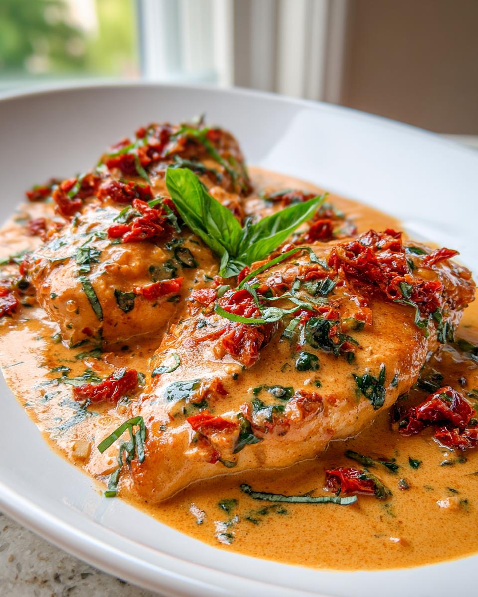 Two chicken breasts smothered in a creamy, orange-hued sauce, topped with sun-dried tomatoes and fresh basil for the Marry Me Chicken recipe.