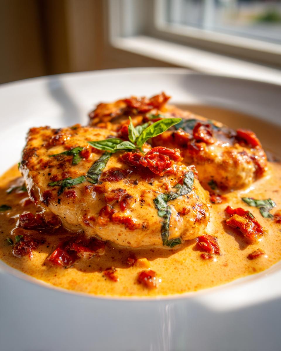 Two pieces of seared chicken breast smothered in a creamy, orange sauce with sun-dried tomatoes and fresh basil, known as Marry Me Chicken.