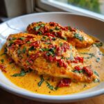 Two pieces of Marry Me chicken covered in a creamy orange sauce, topped with sun-dried tomatoes and fresh basil.