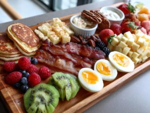 A wooden board featuring a lavish breakfast grazing board with pancakes, bacon, soft-boiled eggs, cheese cubes, and fresh berries.