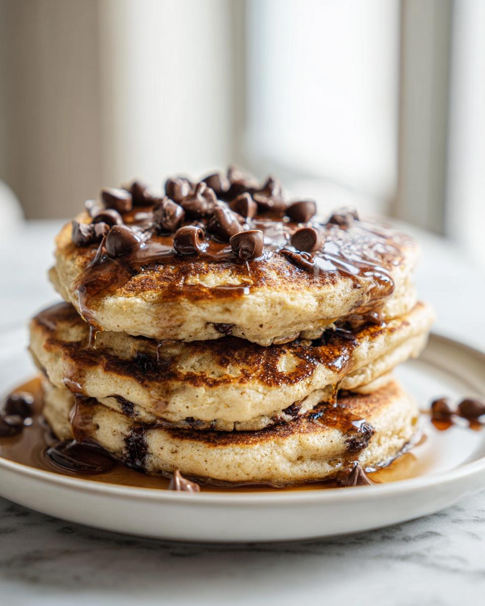 A tall stack of three fluffy chocolate chip pancakes drizzled with syrup and topped with chocolate chips.