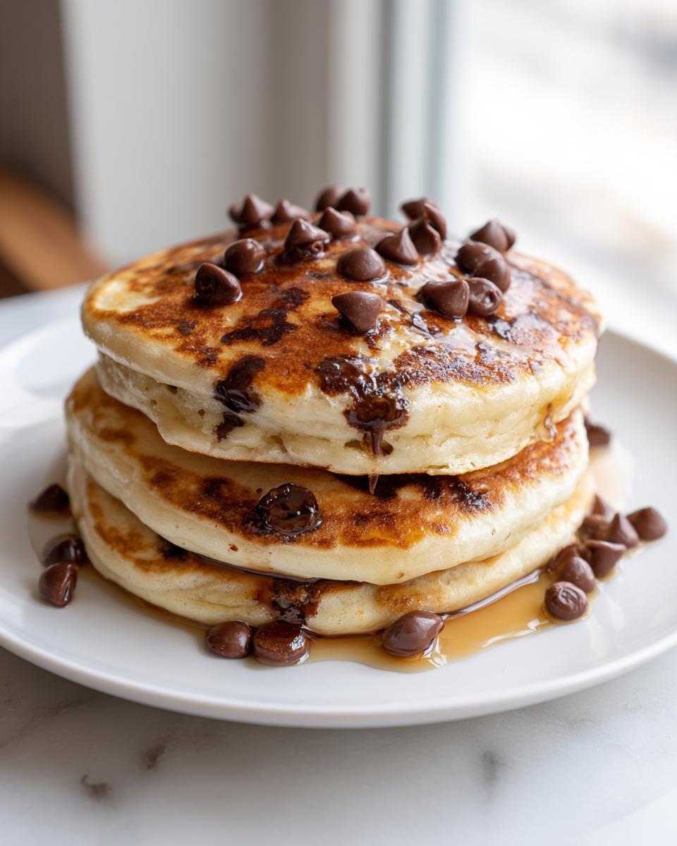 A stack of three fluffy chocolate chip pancakes topped with melted chocolate chips and maple syrup.