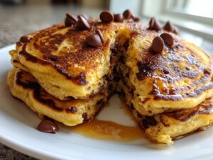 A stack of fluffy chocolate chip pancakes cut open to show melted chips inside, drizzled with syrup.