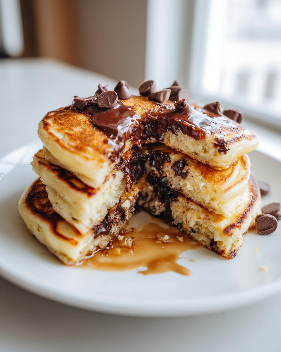 A stack of fluffy chocolate chip pancakes cut in half, showing melted chocolate chips and syrup.