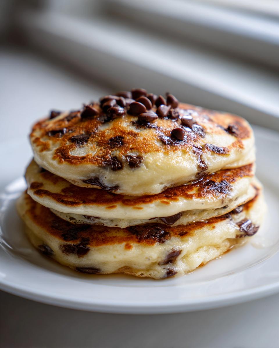 A tall stack of three fluffy chocolate chip pancakes topped with melted chocolate chips.