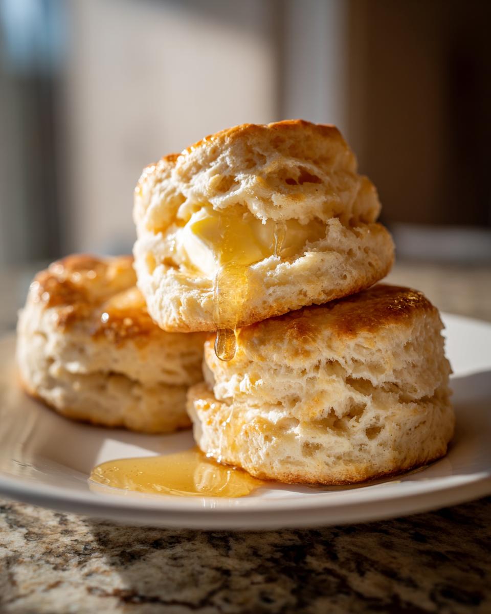 Three fluffy Honey Butter Biscuits stacked on a plate, with melting butter and honey dripping down the sides.
