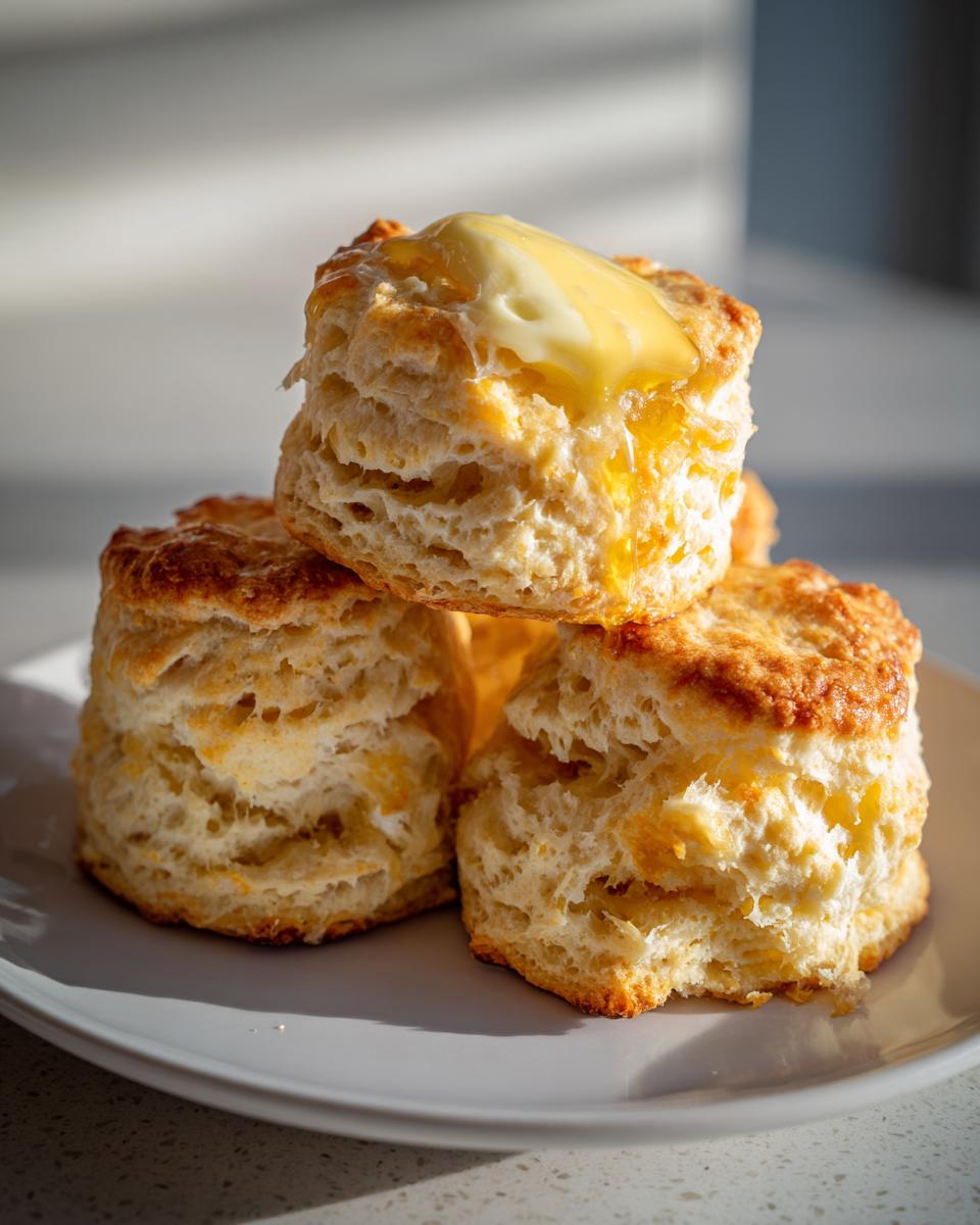 A stack of three fluffy, golden-brown Honey Butter Biscuits, with melting butter and honey on top.
