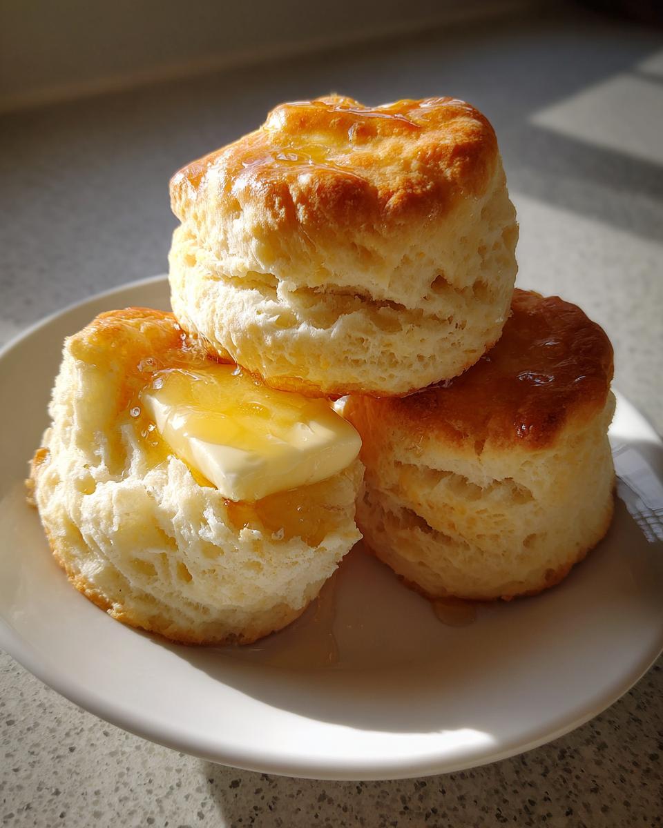 Three golden brown Honey Butter Biscuits stacked on a white plate, drizzled with honey and topped with melting butter.