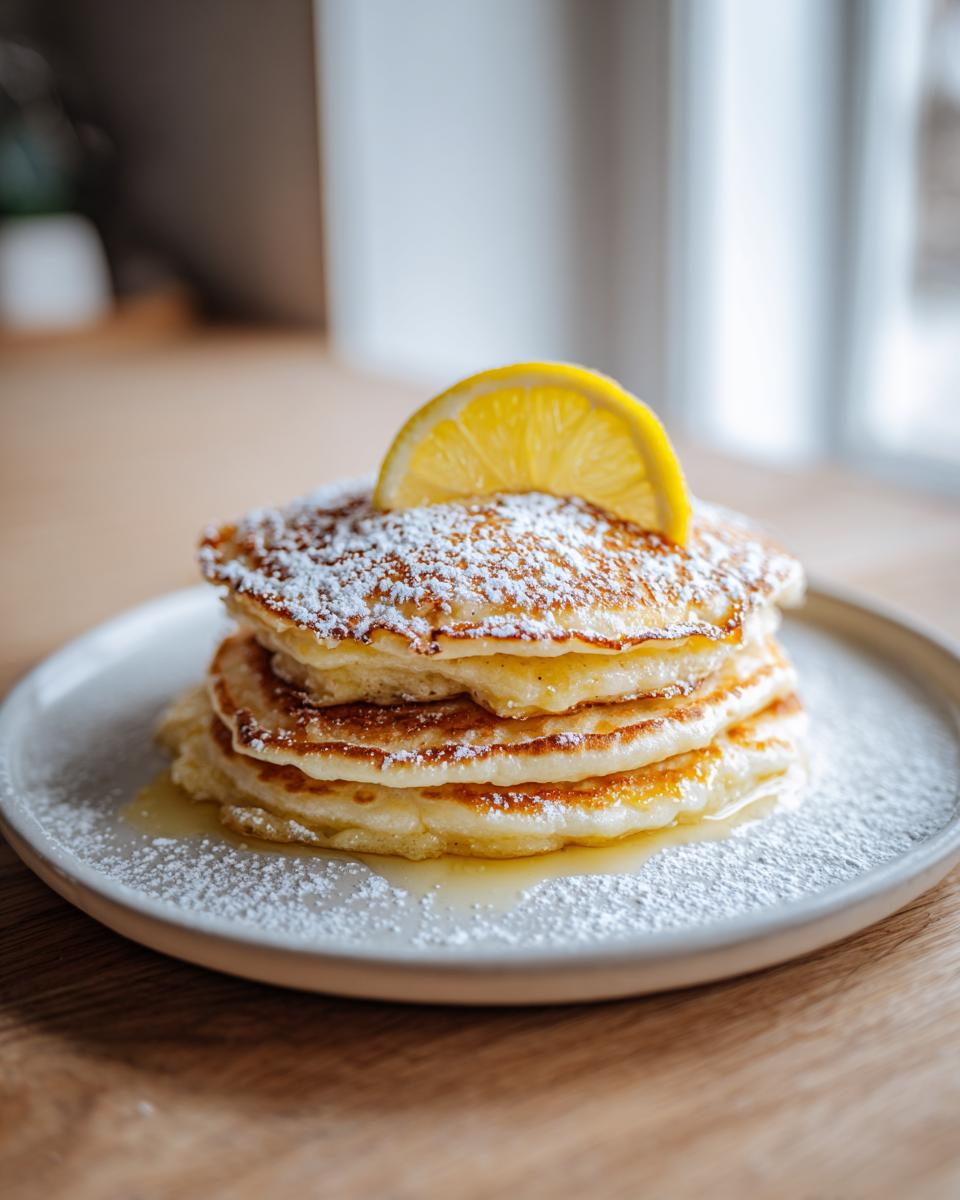 A stack of fluffy Lemon ricotta pancakes topped with powdered sugar and a fresh lemon slice.