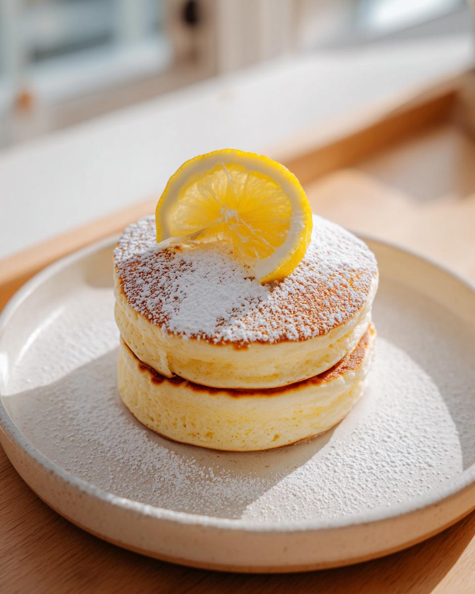 Two fluffy Lemon ricotta pancakes stacked on a white plate, topped with powdered sugar and a lemon slice.