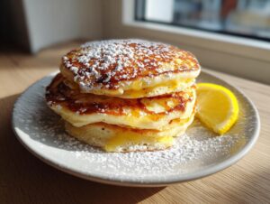 A stack of three fluffy Lemon ricotta pancakes dusted heavily with powdered sugar, served with a lemon wedge.