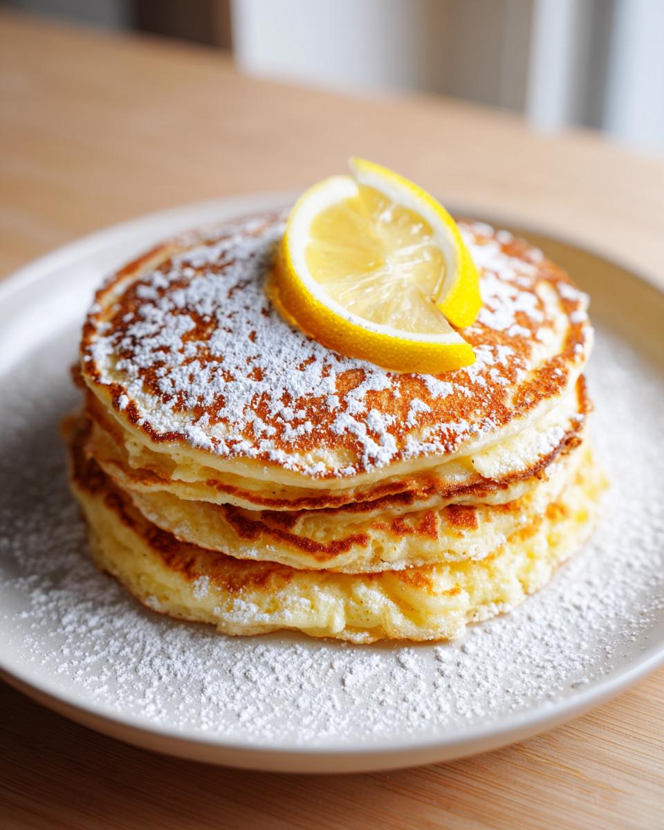 A stack of three fluffy Lemon ricotta pancakes dusted heavily with powdered sugar and topped with a fresh lemon slice.