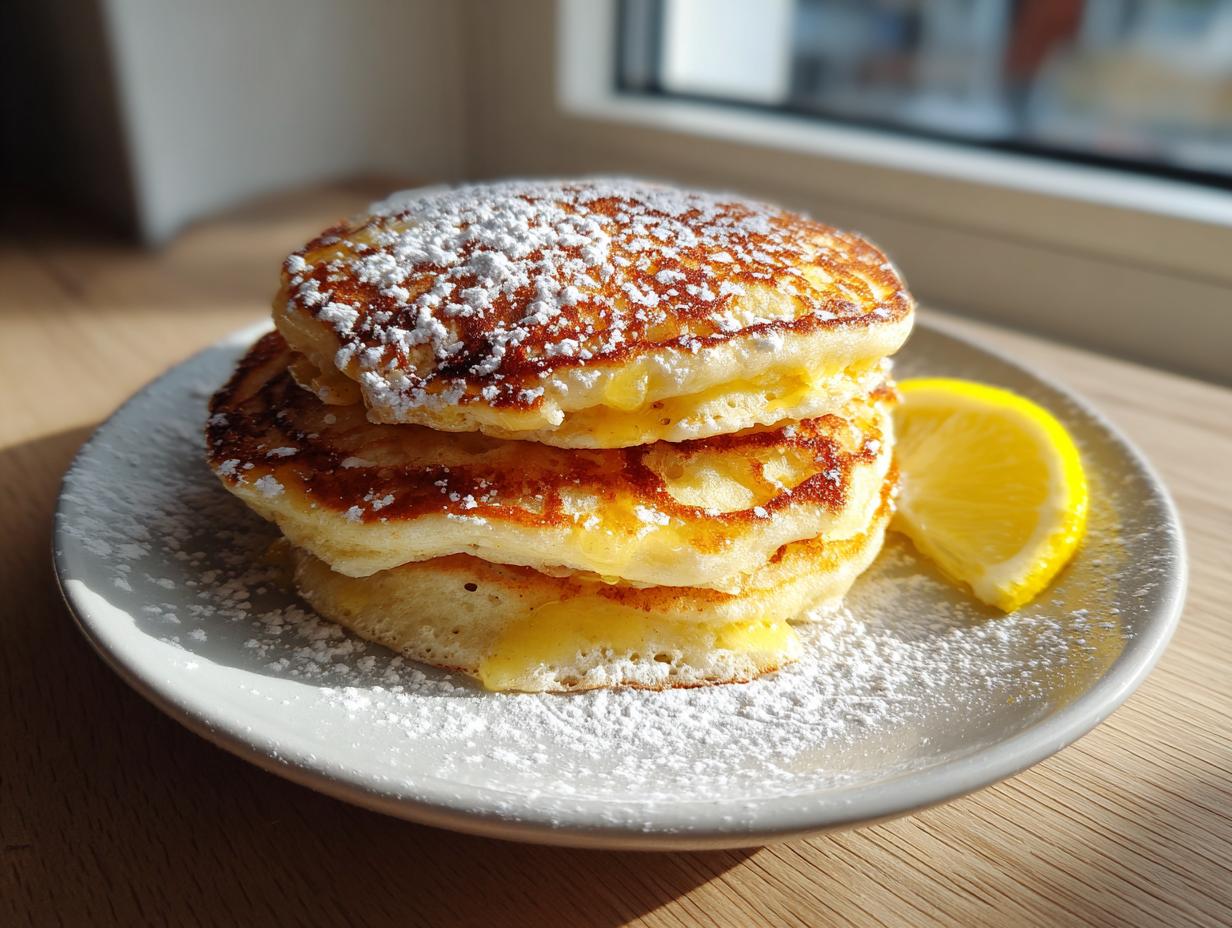 A stack of three fluffy Lemon ricotta pancakes dusted heavily with powdered sugar, served with a lemon wedge.