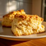 Close-up of two golden-brown, flaky Southern buttermilk biscuits stacked slightly on a light plate.