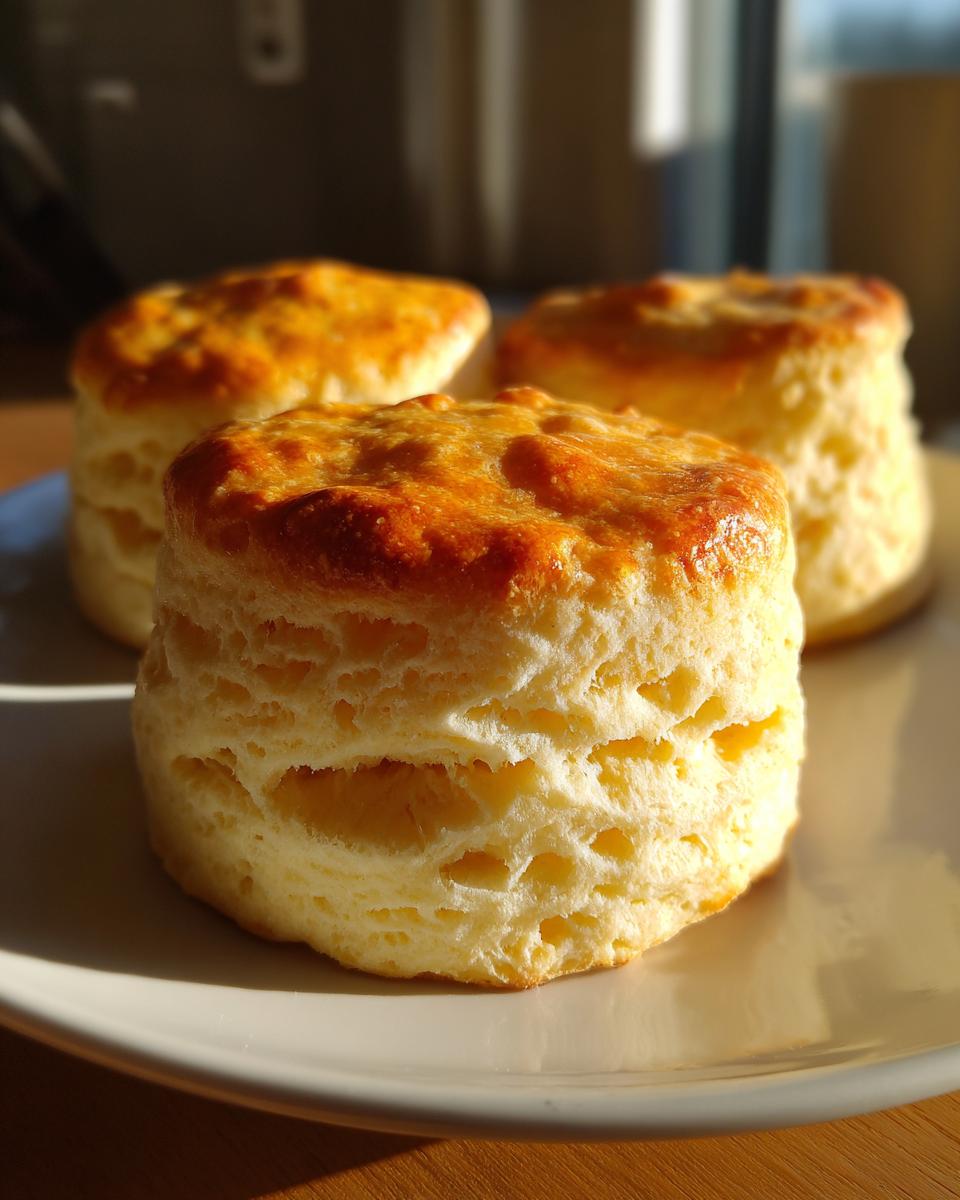 Close-up of three tall, flaky Southern buttermilk biscuits with golden brown tops resting on a light plate.