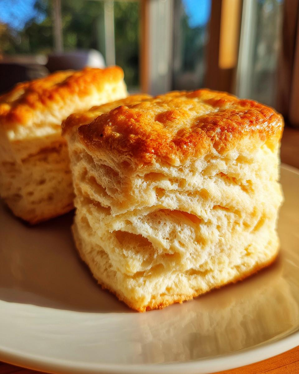 Close-up of two tall, flaky Southern buttermilk biscuits with golden brown tops resting on a light plate.