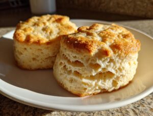 Two golden-brown, tall Southern buttermilk biscuits showing flaky layers, served on a white plate.