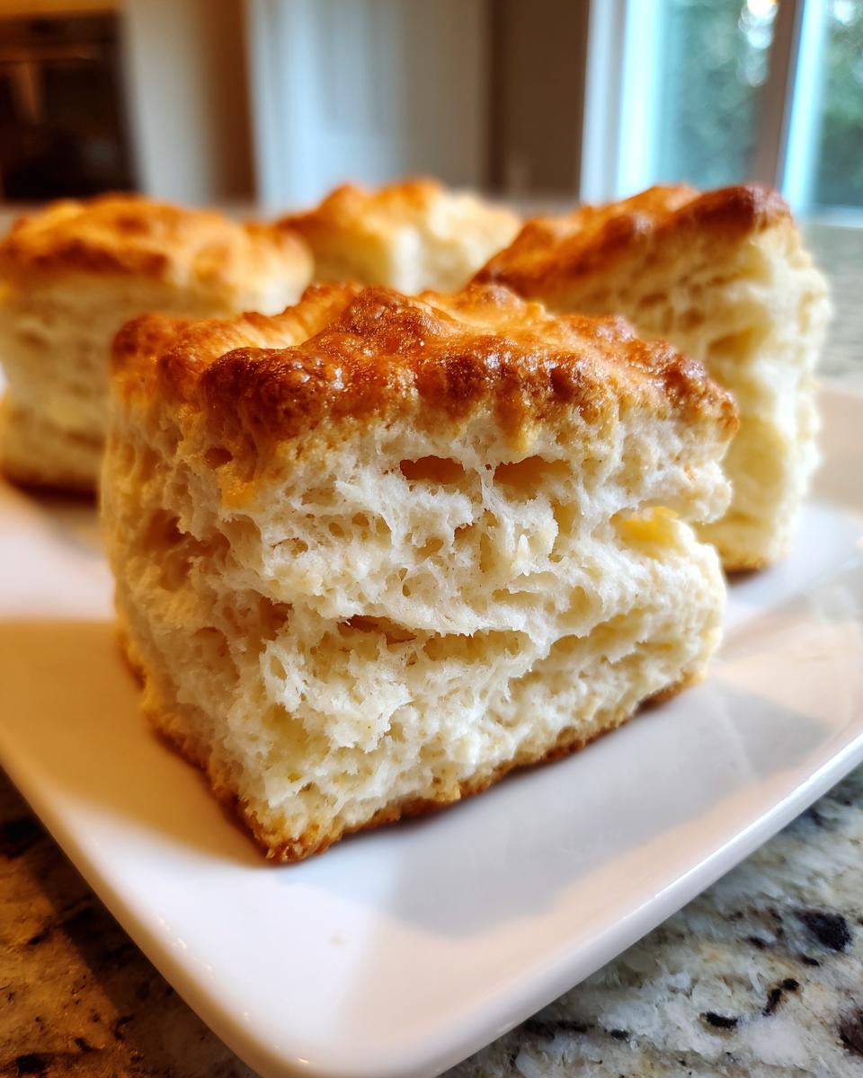 Close-up of a fluffy, layered Southern buttermilk biscuit cut in half, showing its texture.