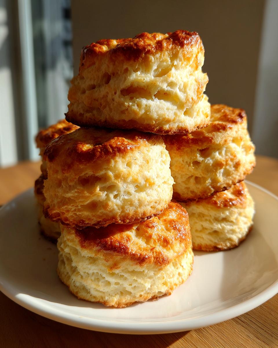 A stack of tall, golden-brown Southern buttermilk biscuits piled high on a white plate.