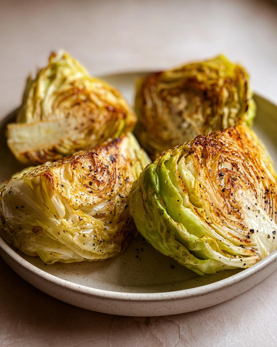 Four wedges of beautifully seared and seasoned fried cabbage steaks served on a speckled ceramic plate.