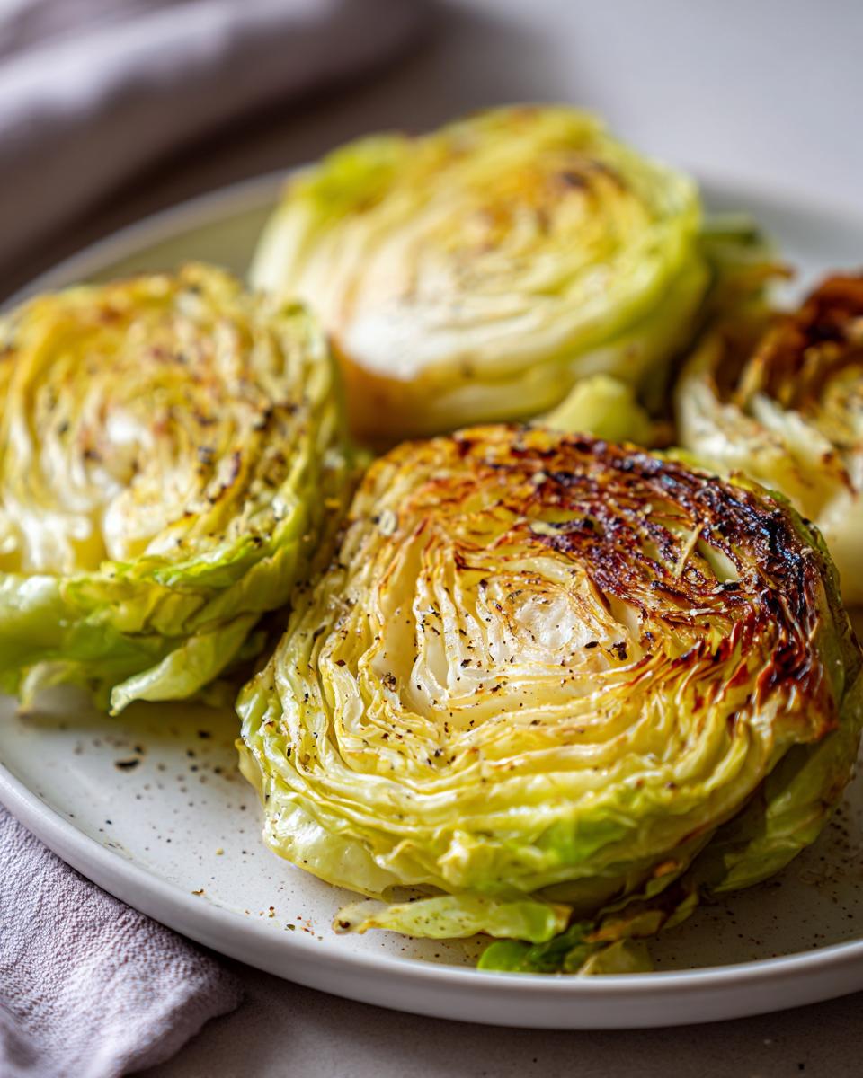 Four thick slices of pan-seared fried cabbage steaks seasoned with pepper, served on a light speckled plate.