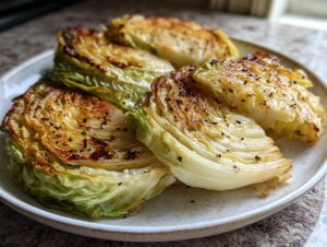 Four thick slices of golden-brown, seared fried cabbage steaks seasoned with pepper on a speckled white plate.