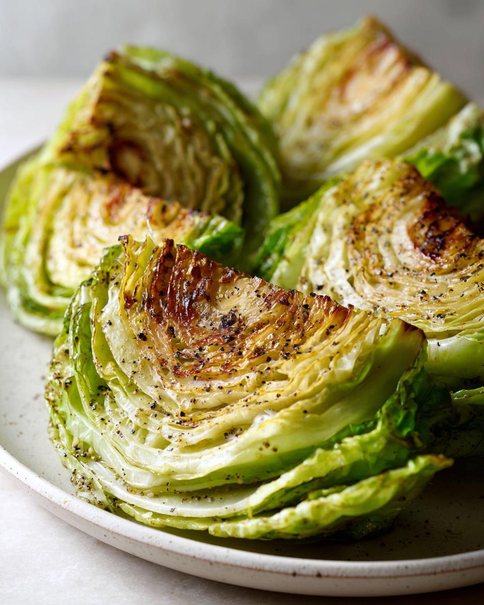 Close-up of thick wedges of fried cabbage steaks seasoned with black pepper, showing caramelized edges.