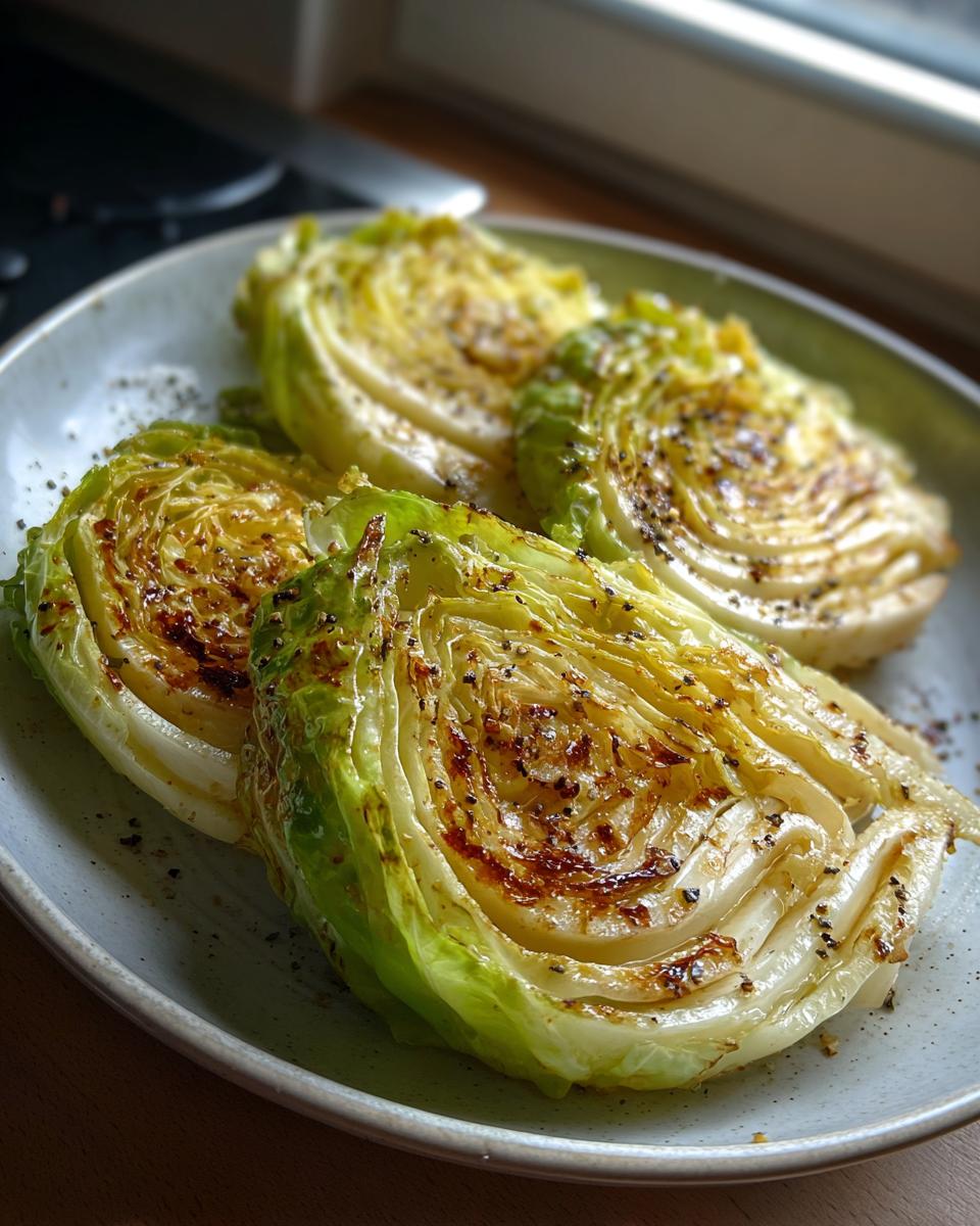 Three thick slices of pan-seared fried cabbage steaks seasoned with black pepper on a light plate.