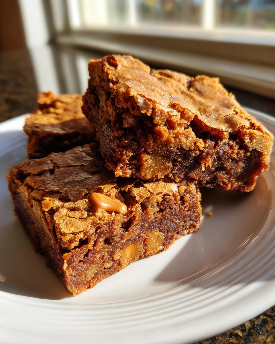 Three rich, fudgy butterscotch brownies stacked on a white plate, catching warm sunlight.