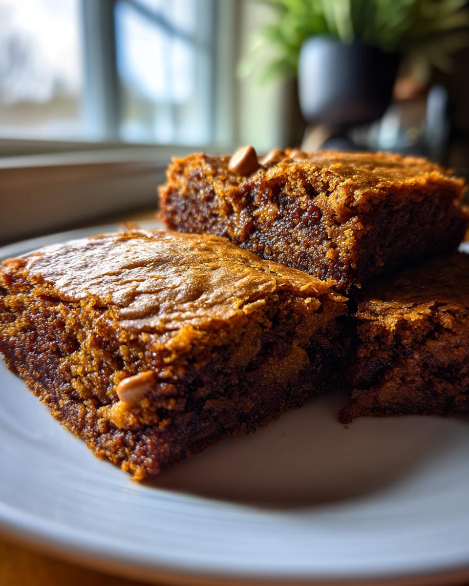 Three rich, fudgy squares of butterscotch brownies stacked on a white plate, showing melted chips.