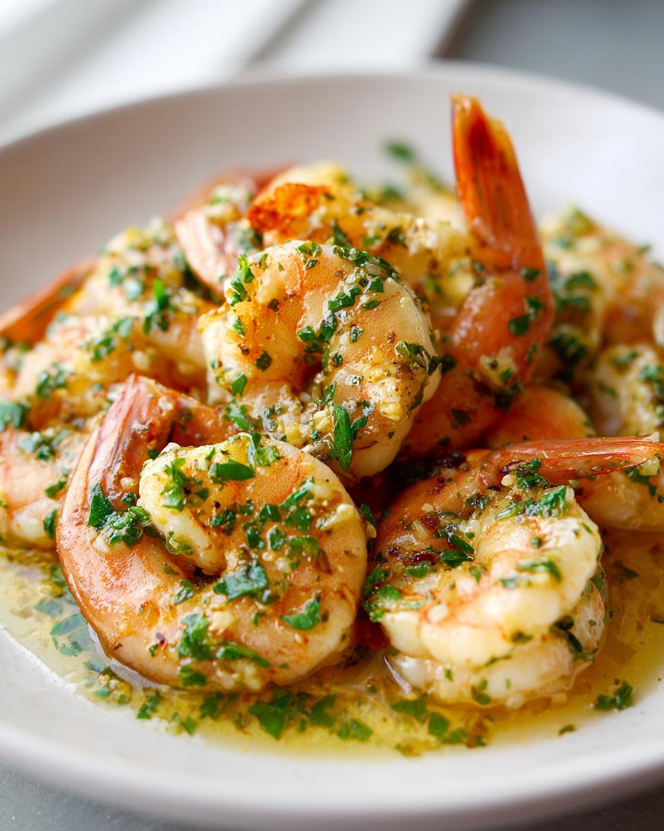 Close-up of succulent, cooked shrimp coated in rich garlic butter sauce and fresh parsley, highlighting the amazing garlic butter shrimp.