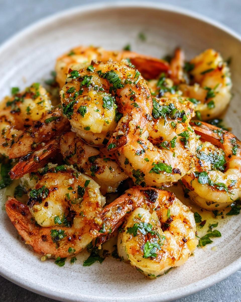Close-up of succulent Garlic Butter Shrimp coated in melted butter, garlic, and fresh parsley, served in a light-colored bowl.