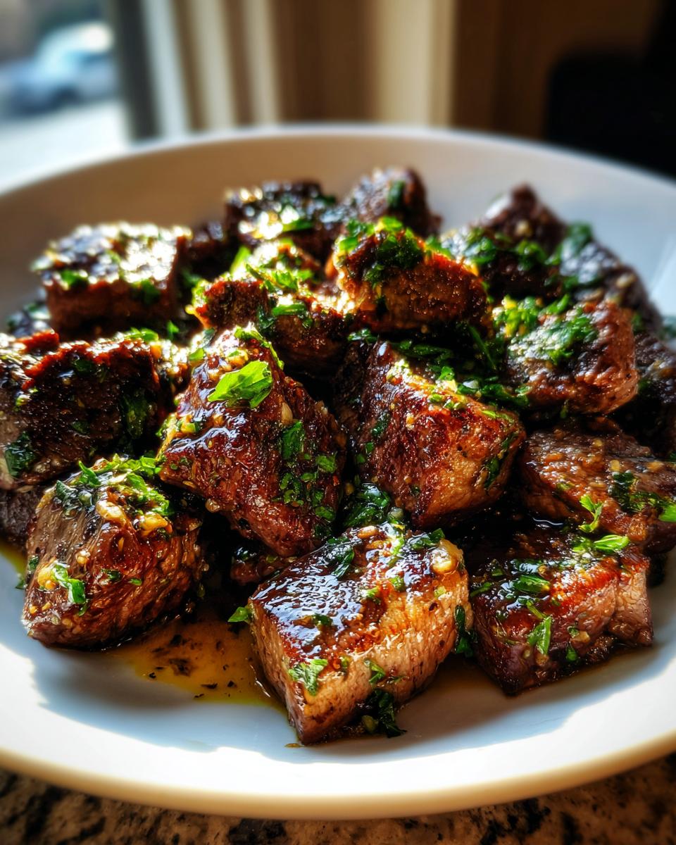 A close-up of juicy Garlic Butter Steak Bites glistening with sauce and topped generously with fresh chopped parsley.